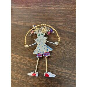 Super Cute Jump Roping Girl Pin Brooch - Dangly Legs Spiral Hair